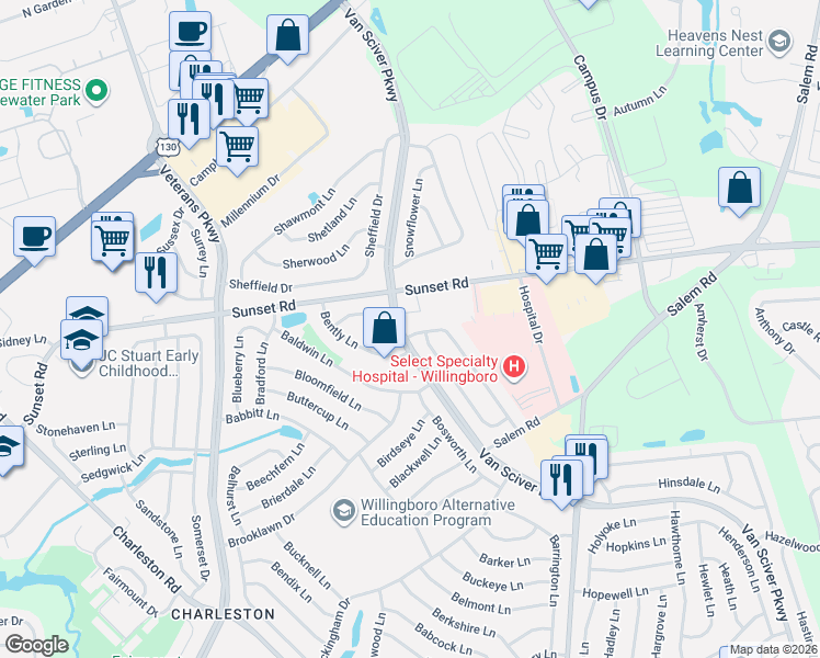 map of restaurants, bars, coffee shops, grocery stores, and more near 1 Balfour Lane in Willingboro