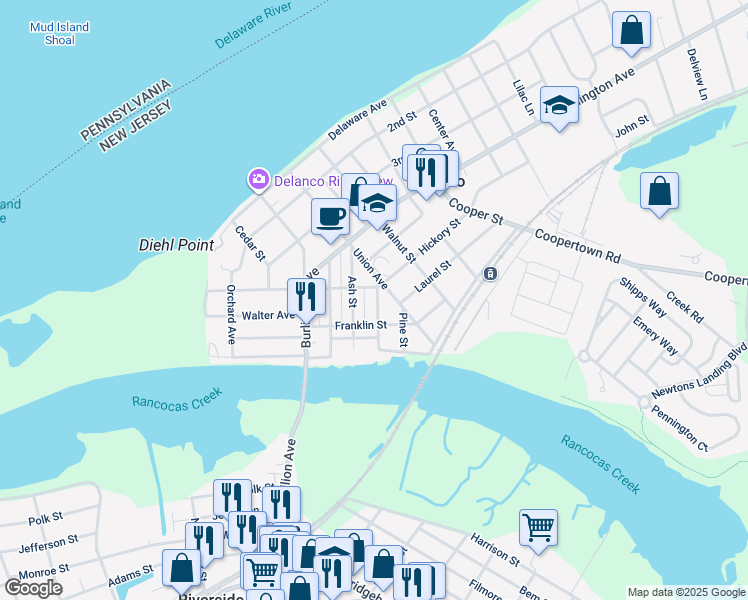 map of restaurants, bars, coffee shops, grocery stores, and more near 430 Poplar Street in Delanco