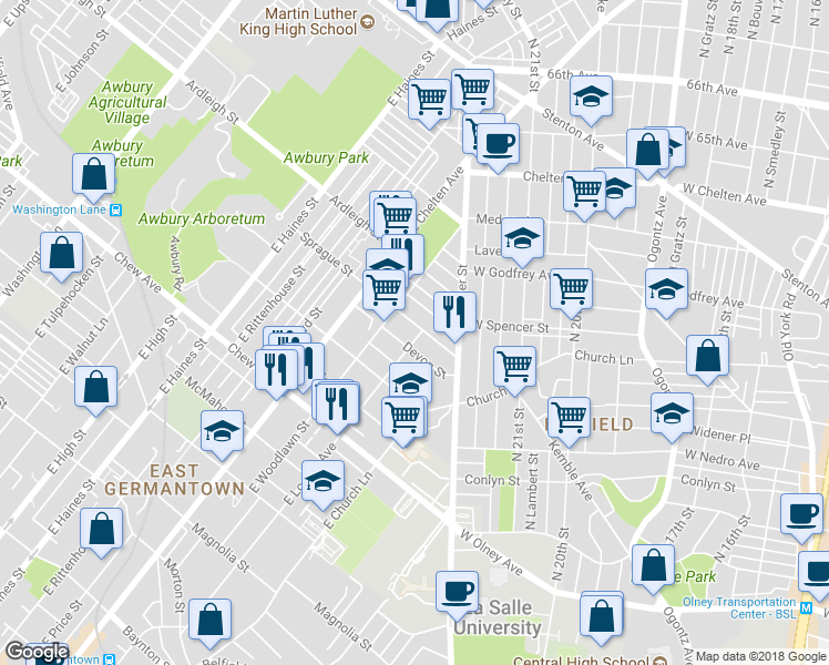 map of restaurants, bars, coffee shops, grocery stores, and more near 5602 Sprague Street in Philadelphia