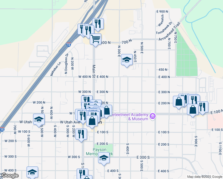 map of restaurants, bars, coffee shops, grocery stores, and more near 314 North 100 East in Payson
