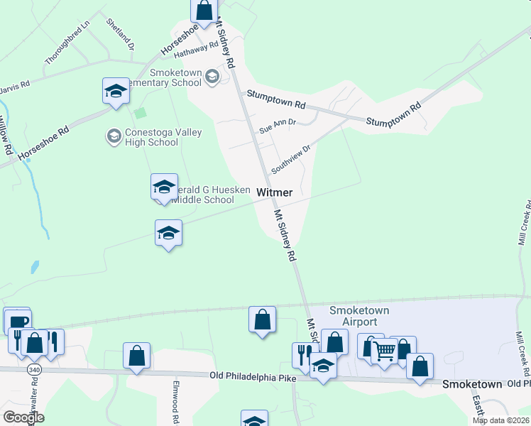 map of restaurants, bars, coffee shops, grocery stores, and more near 416 Mount Sidney Road in Lancaster