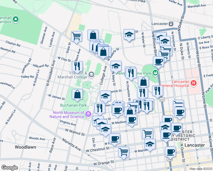 map of restaurants, bars, coffee shops, grocery stores, and more near 630 North Pine Street in Lancaster