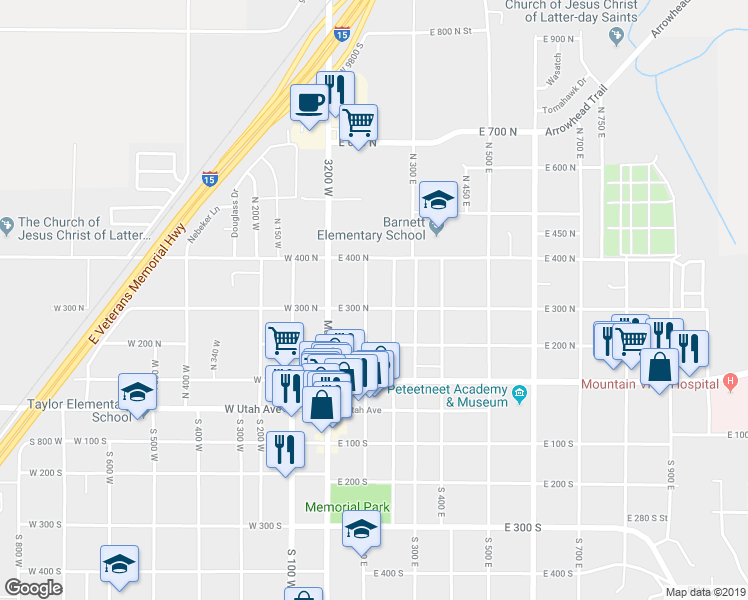map of restaurants, bars, coffee shops, grocery stores, and more near 314 North 100 East in Payson