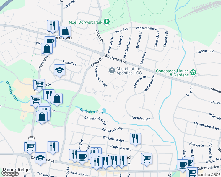map of restaurants, bars, coffee shops, grocery stores, and more near 1901 Villa Court in Lancaster
