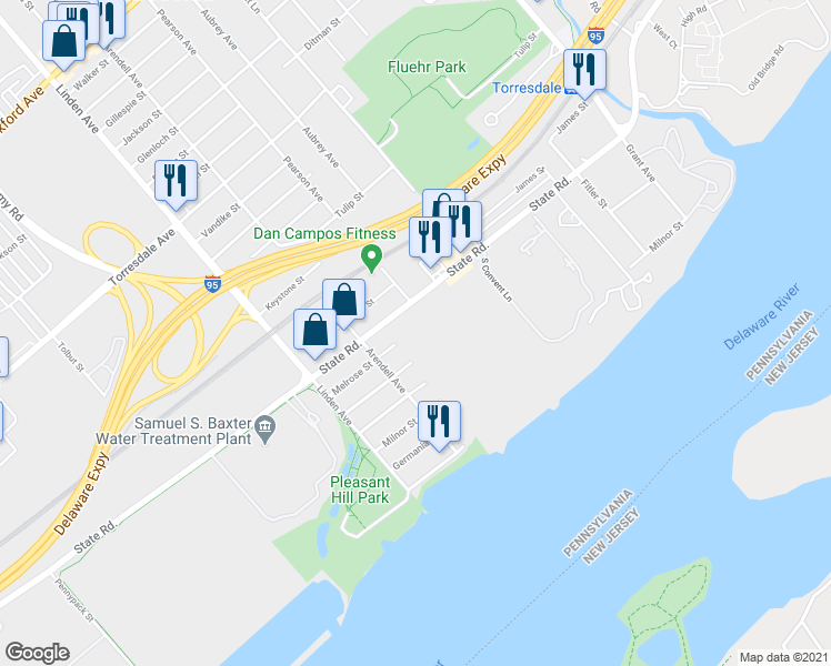 map of restaurants, bars, coffee shops, grocery stores, and more near 50203 Delaire Landing Road in Philadelphia