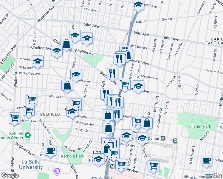 map of restaurants, bars, coffee shops, grocery stores, and more near 1425 West Sparks Street in Philadelphia