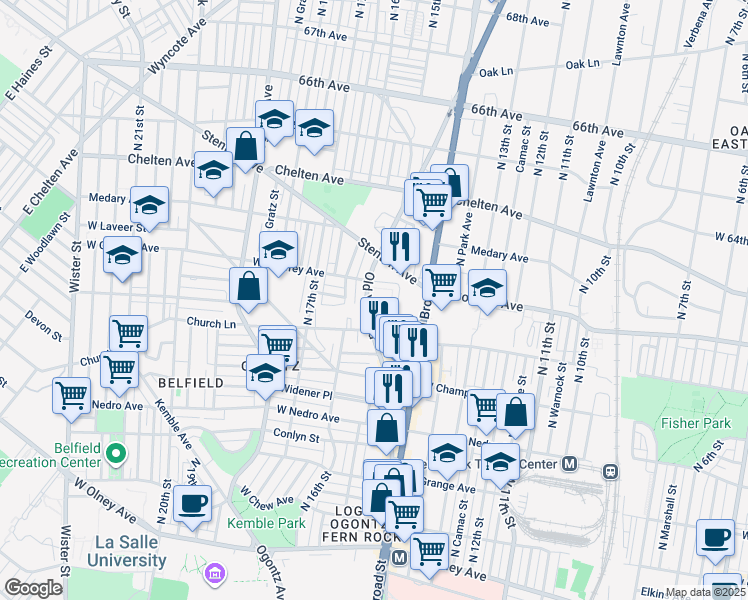map of restaurants, bars, coffee shops, grocery stores, and more near 6131 1/2 Old York Road in Philadelphia