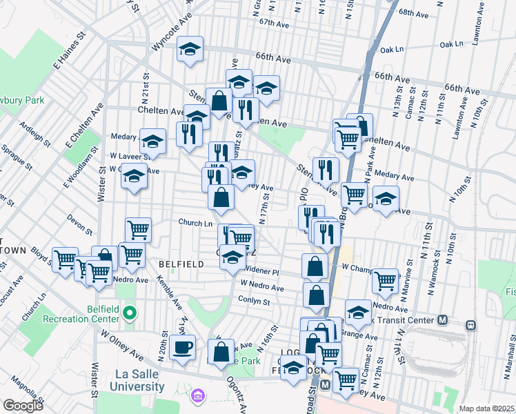 map of restaurants, bars, coffee shops, grocery stores, and more near 6136 North 17th Street in Philadelphia