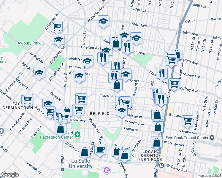 map of restaurants, bars, coffee shops, grocery stores, and more near 6026 Ogontz Avenue in Philadelphia