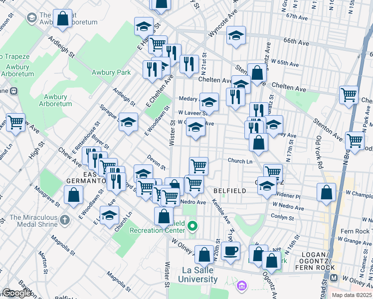 map of restaurants, bars, coffee shops, grocery stores, and more near 6070 North Beechwood Street in Philadelphia