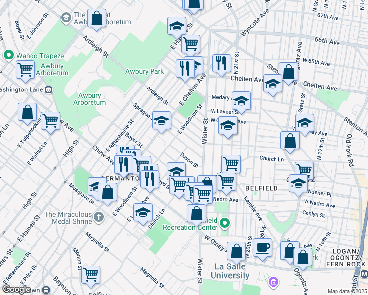 map of restaurants, bars, coffee shops, grocery stores, and more near 5602 Sprague Street in Philadelphia