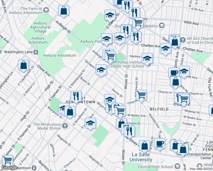 map of restaurants, bars, coffee shops, grocery stores, and more near 5612 Devon Street in Philadelphia
