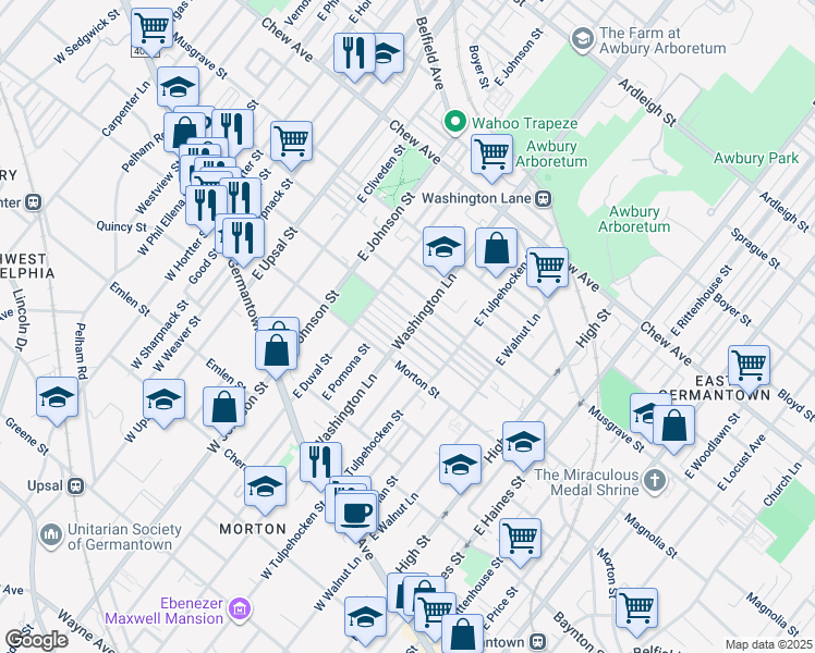 map of restaurants, bars, coffee shops, grocery stores, and more near 6261 Gardenia Street in Philadelphia