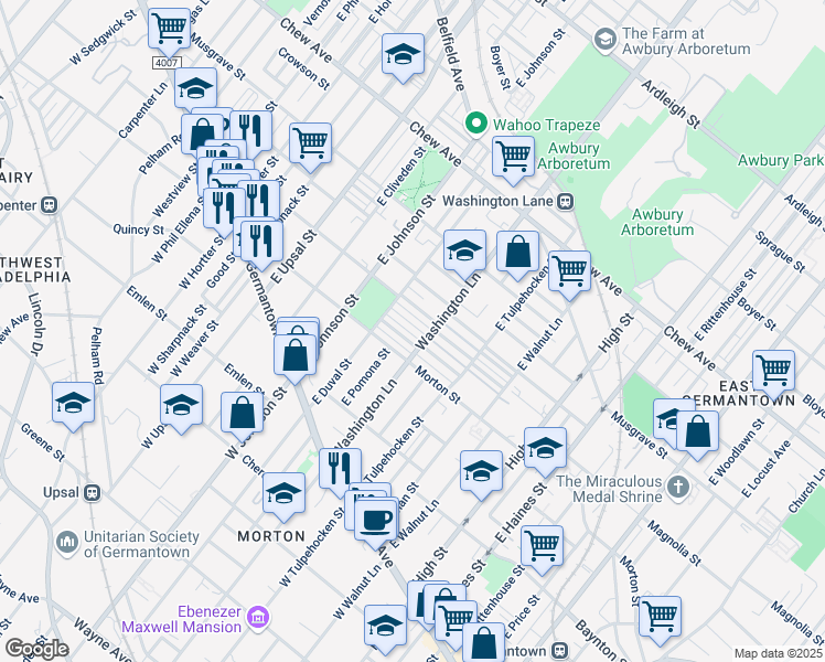map of restaurants, bars, coffee shops, grocery stores, and more near 6261 Gardenia Street in Philadelphia