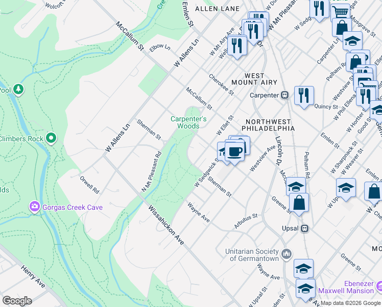 map of restaurants, bars, coffee shops, grocery stores, and more near 728 South Mount Pleasant Road in Philadelphia