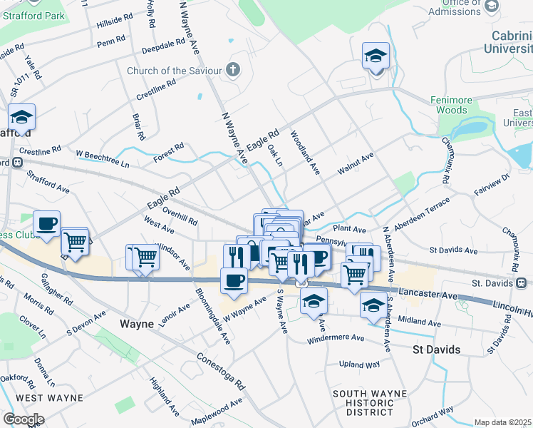 map of restaurants, bars, coffee shops, grocery stores, and more near 210 North Wayne Avenue in Wayne