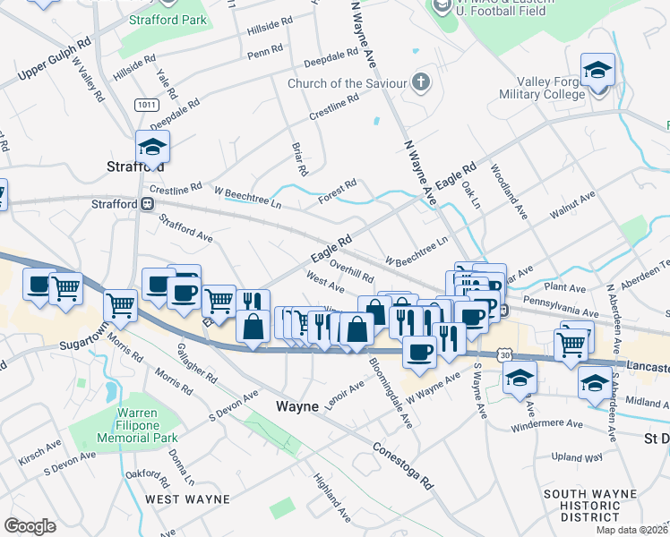 map of restaurants, bars, coffee shops, grocery stores, and more near 328 Overhill Road in Wayne
