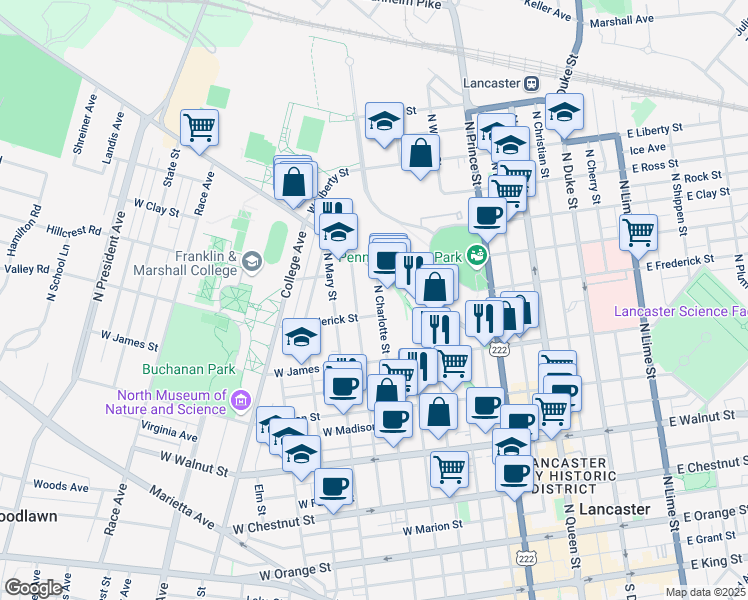 map of restaurants, bars, coffee shops, grocery stores, and more near 614 North Charlotte Street in Lancaster