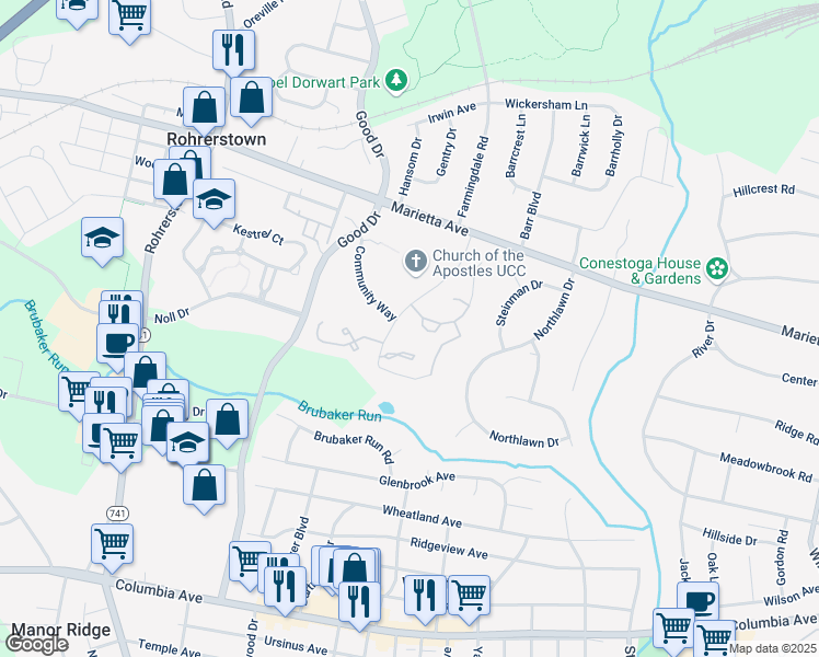 map of restaurants, bars, coffee shops, grocery stores, and more near 1901-1923 Villa Ct in Lancaster