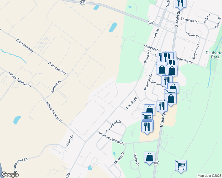 map of restaurants, bars, coffee shops, grocery stores, and more near 160 Fig Tree Way in Manchester