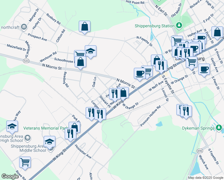 map of restaurants, bars, coffee shops, grocery stores, and more near 40 Cumberland Avenue in Shippensburg