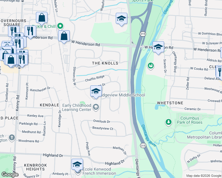 map of restaurants, bars, coffee shops, grocery stores, and more near 4255 Rowanne Road in Columbus