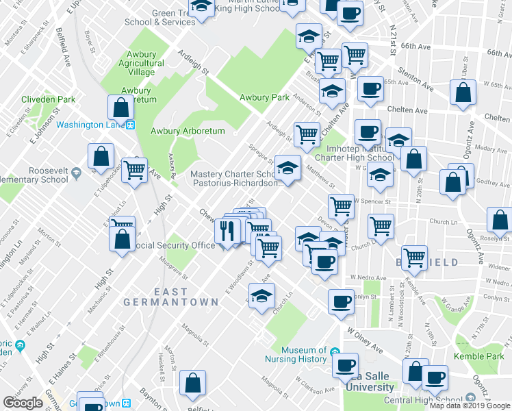 map of restaurants, bars, coffee shops, grocery stores, and more near 5704 Boyer Street in Philadelphia