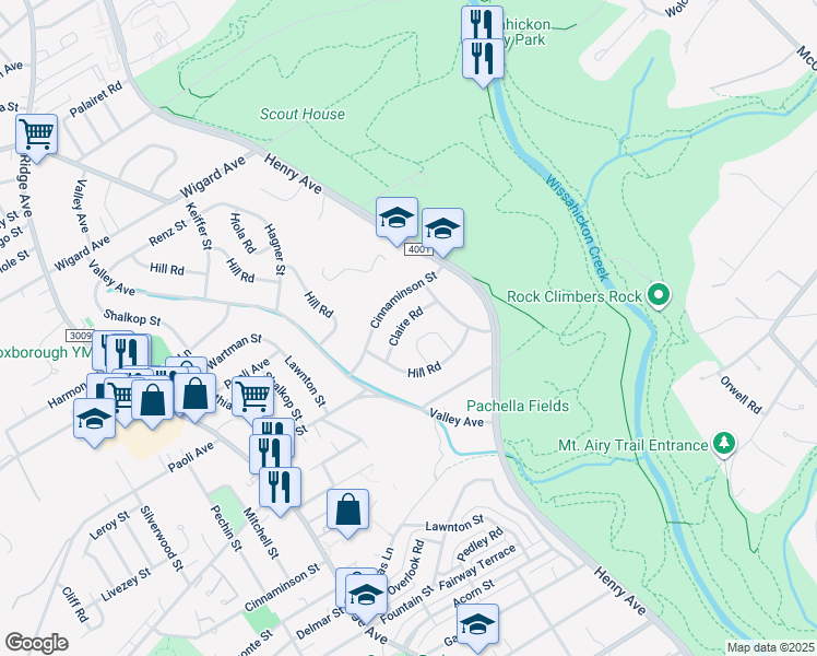 map of restaurants, bars, coffee shops, grocery stores, and more near 750 Claire Road in Philadelphia