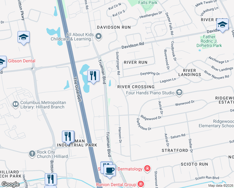map of restaurants, bars, coffee shops, grocery stores, and more near 4643 Schirtzinger Road in Hilliard