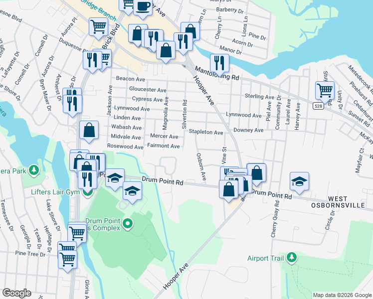 map of restaurants, bars, coffee shops, grocery stores, and more near 439 Silverton Road in Brick Township