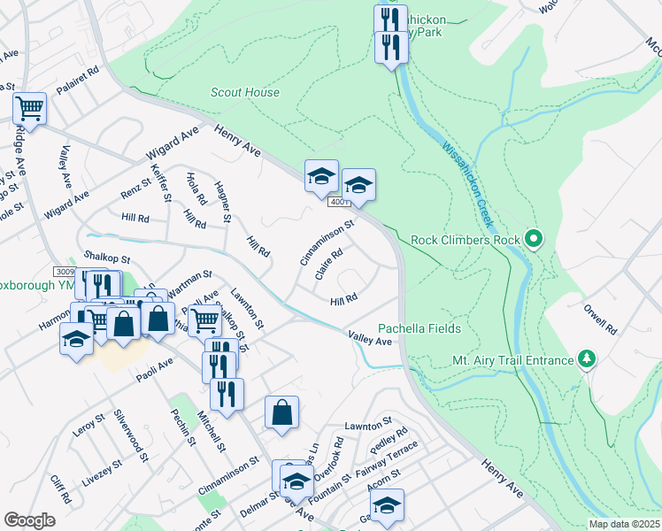 map of restaurants, bars, coffee shops, grocery stores, and more near 750 Claire Road in Philadelphia