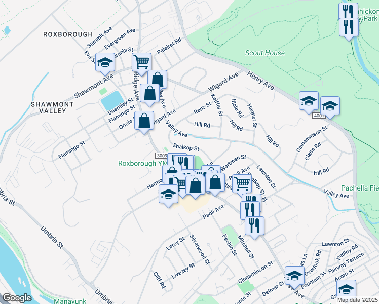 map of restaurants, bars, coffee shops, grocery stores, and more near 7234 Shalkop Street in Philadelphia