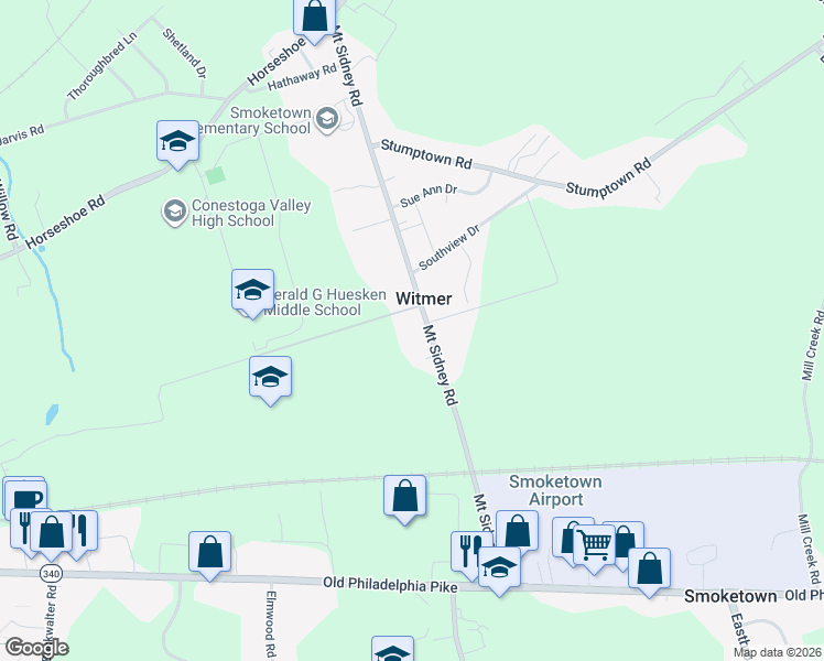 map of restaurants, bars, coffee shops, grocery stores, and more near 416 Mount Sidney Road in Lancaster
