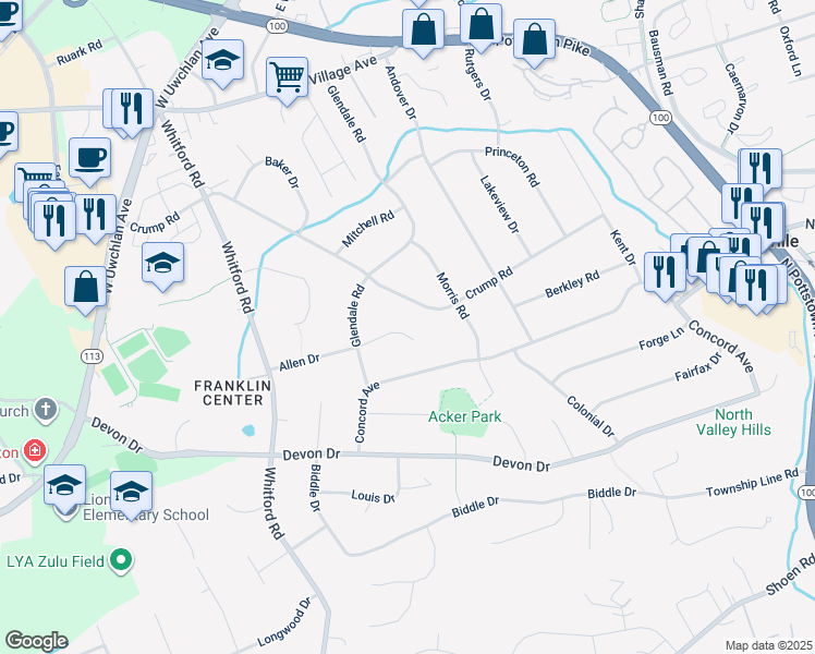 map of restaurants, bars, coffee shops, grocery stores, and more near 209 Allen Drive in Exton