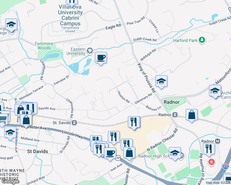 map of restaurants, bars, coffee shops, grocery stores, and more near 458 Huston Road in Wayne