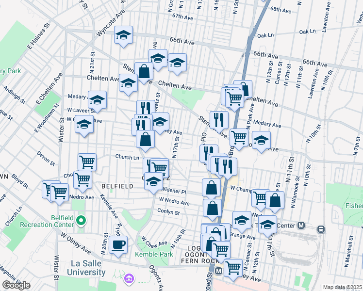 map of restaurants, bars, coffee shops, grocery stores, and more near 1630 West Sparks Street in Philadelphia