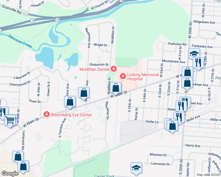 map of restaurants, bars, coffee shops, grocery stores, and more near 36 McMillen Drive in Newark