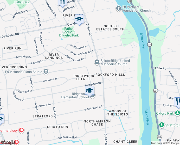 map of restaurants, bars, coffee shops, grocery stores, and more near 4338 Cameron Road in Hilliard