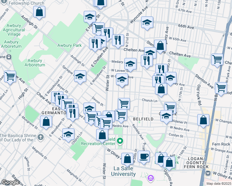 map of restaurants, bars, coffee shops, grocery stores, and more near 6070 North Beechwood Street in Philadelphia