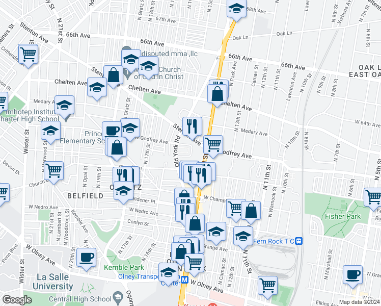 map of restaurants, bars, coffee shops, grocery stores, and more near 6143 Old York Road in Philadelphia