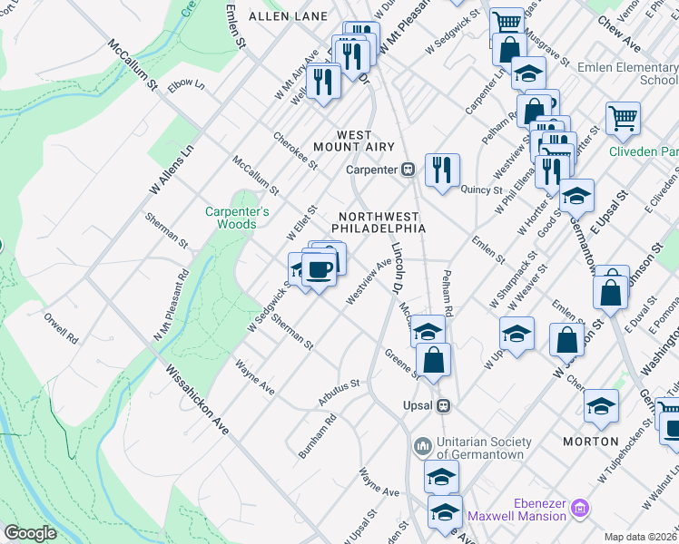 map of restaurants, bars, coffee shops, grocery stores, and more near 520 Carpenter Lane in Philadelphia