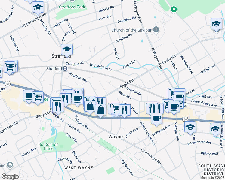 map of restaurants, bars, coffee shops, grocery stores, and more near 317 Eagle Road in Wayne