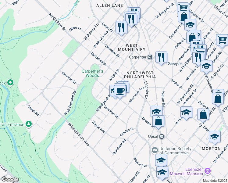 map of restaurants, bars, coffee shops, grocery stores, and more near 6929 Greene St in Philadelphia