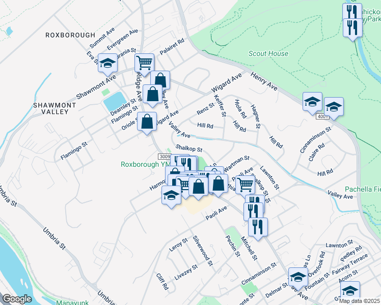 map of restaurants, bars, coffee shops, grocery stores, and more near 7238 Shalkop Street in Philadelphia