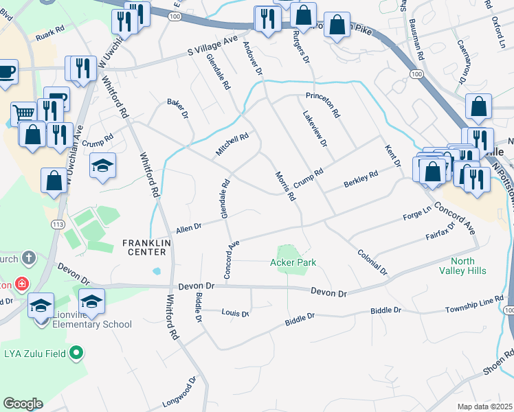 map of restaurants, bars, coffee shops, grocery stores, and more near 209 Allen Drive in Exton