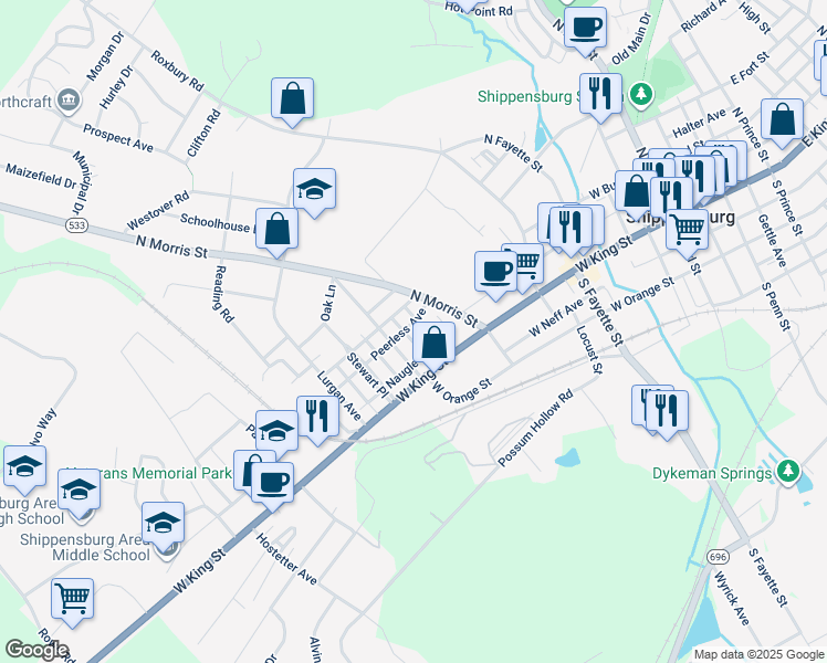 map of restaurants, bars, coffee shops, grocery stores, and more near 32 Montgomery Avenue in Shippensburg