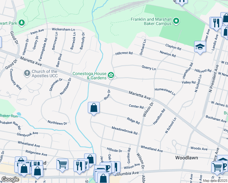 map of restaurants, bars, coffee shops, grocery stores, and more near 185 River Drive in Lancaster