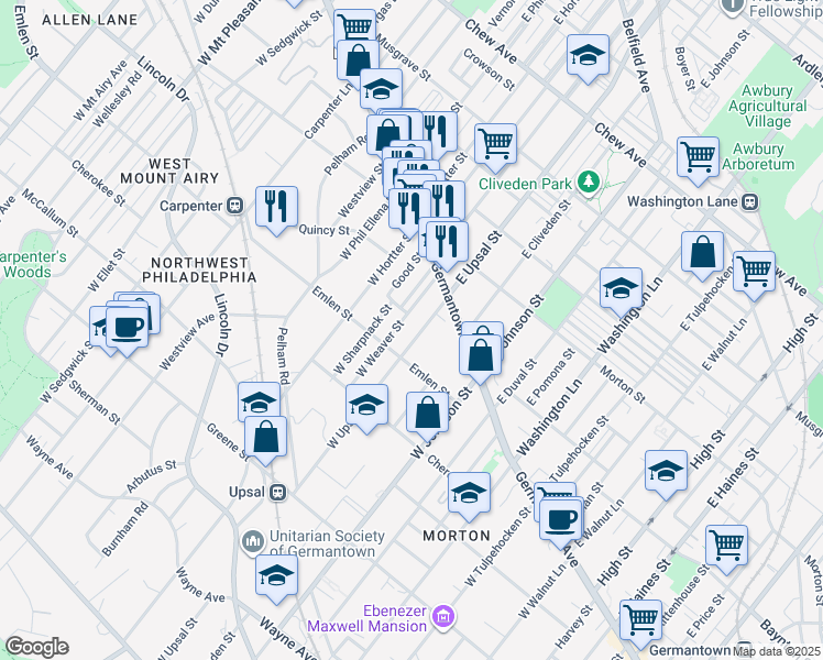 map of restaurants, bars, coffee shops, grocery stores, and more near 37 West Upsal Street in Philadelphia