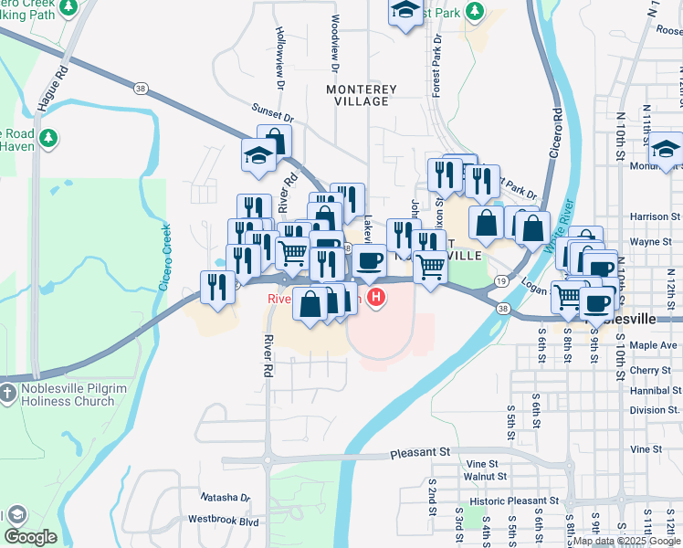 map of restaurants, bars, coffee shops, grocery stores, and more near 135 Sheridan Road in Noblesville