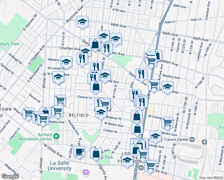 map of restaurants, bars, coffee shops, grocery stores, and more near 6138 North 17th Street in Philadelphia